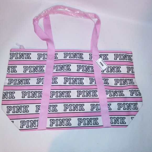 Victoria Secret PINK Tote Bag Pink White Stripe Logo Print Zip Closure Shoulder - Picture 2 of 12